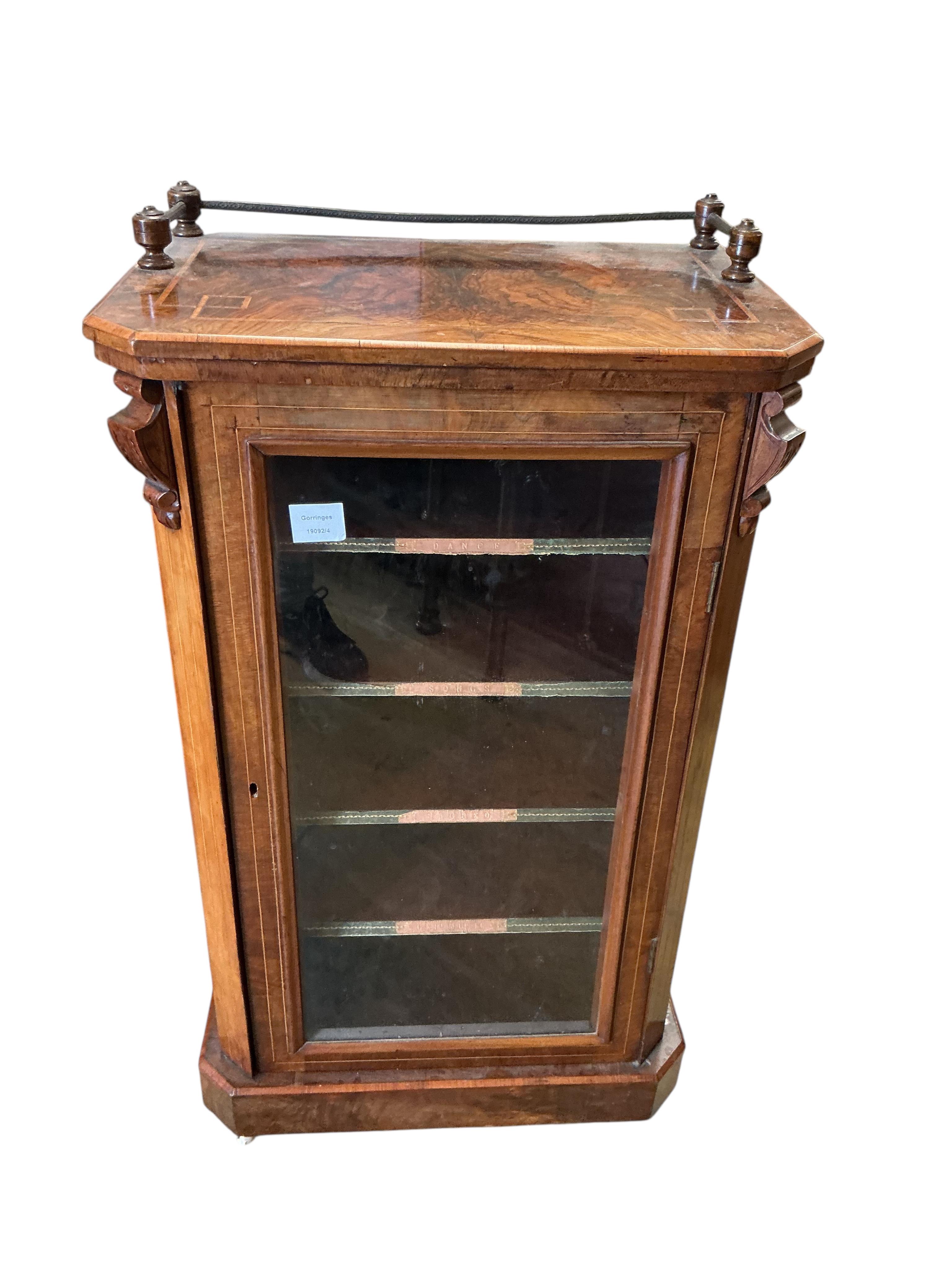A Victorian banded walnut music cabinet, width 54cm, depth 34cm, height 93cm